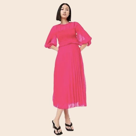 ASOS DESIGN textured pleated shirred midi dress in hot pink size 4 - Picture 1 of 16